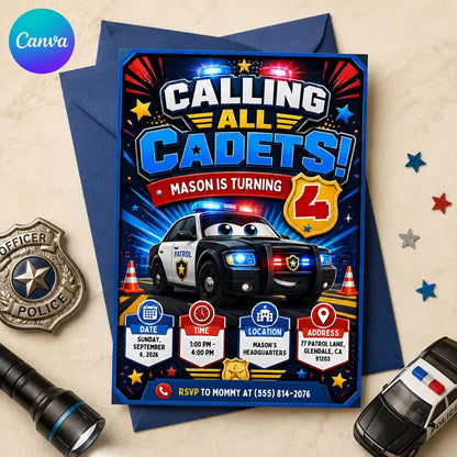 Police Birthday Invitation, Calling All Cadets Party Invite, Editable Police Car 4th Birthday, Kids Canva Template