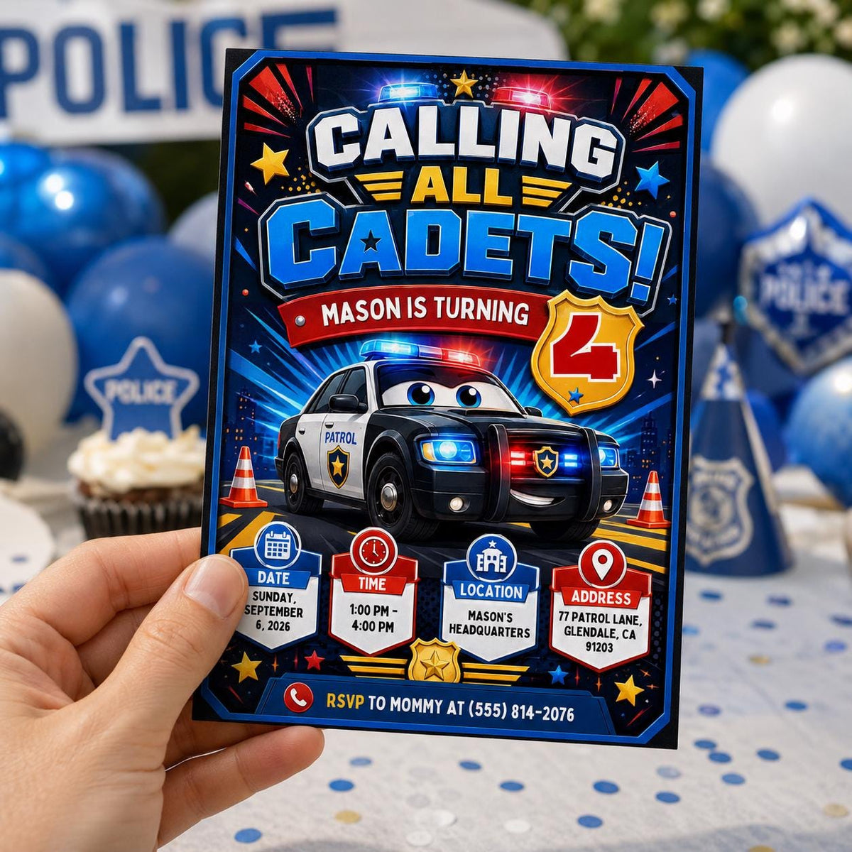 Police Birthday Invitation, Calling All Cadets Party Invite, Editable Police Car 4th Birthday, Kids Canva Template