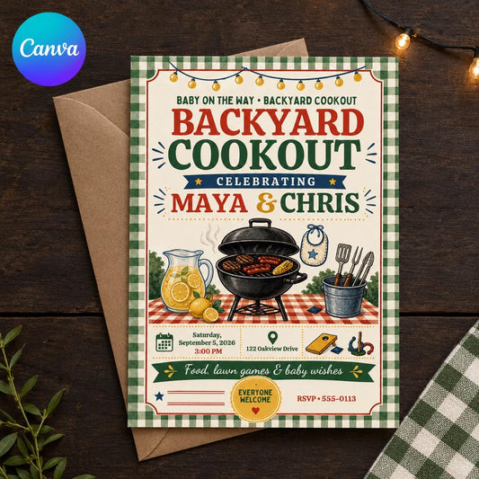 BBQ Baby Shower Invitation, Backyard Cookout Baby-Q Coed Gender Neutral Editable Invite, Gingham Barbecue Canva Template