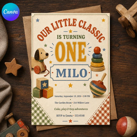 First Birthday Invitation Vintage Toy Theme, Our Little Classic Turns One, Editable Boy 1st Birthday Invite, Canva Template