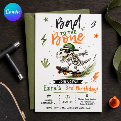Dinosaur Skateboard Birthday Invitation, Skater Dino 3rd Birthday Party Invite, Editable Canva Template