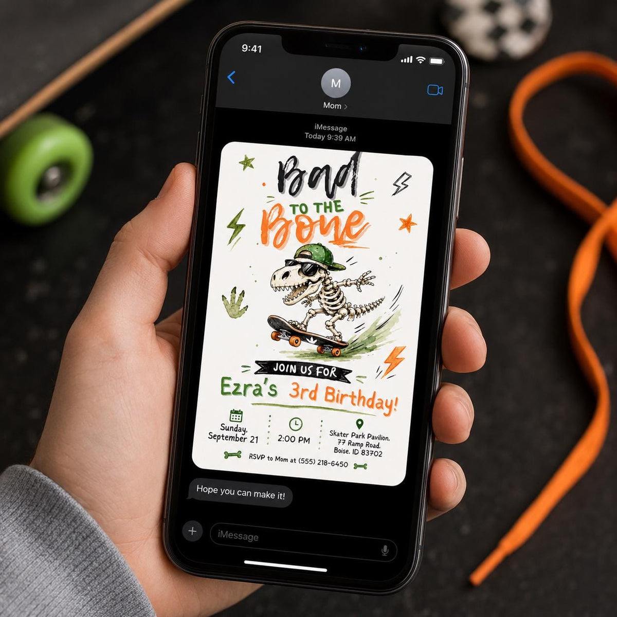 Dinosaur Skateboard Birthday Invitation, Skater Dino 3rd Birthday Party Invite, Editable Canva Template