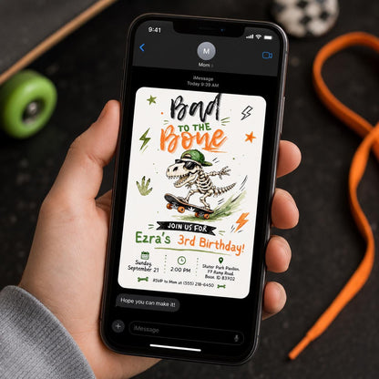 Dinosaur Skateboard Birthday Invitation, Skater Dino 3rd Birthday Party Invite, Editable Canva Template