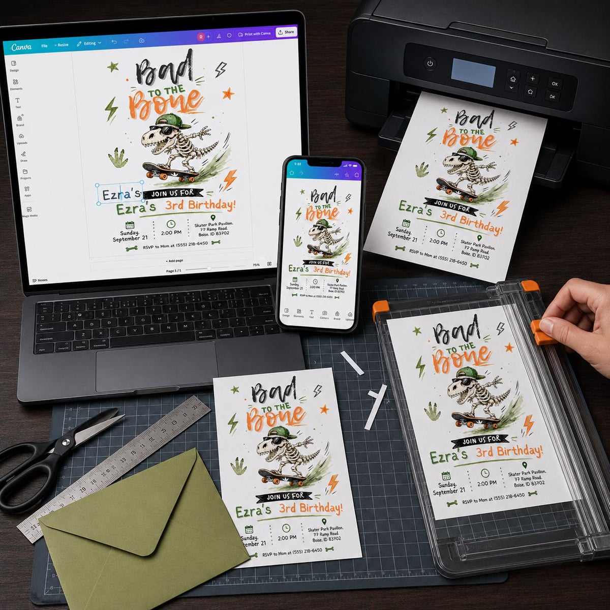 Dinosaur Skateboard Birthday Invitation, Skater Dino 3rd Birthday Party Invite, Editable Canva Template