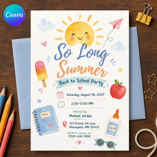 So Long Summer Back to School Party Invitation, Watercolor School Bash Invite, End of Summer Party Canva Template