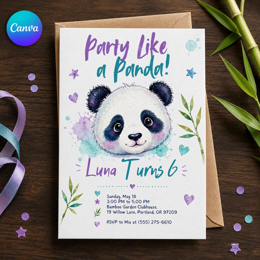 Panda Birthday Invitation, 6th Birthday Party Invite, Cute Watercolor Panda Editable Invitation, Canva Template