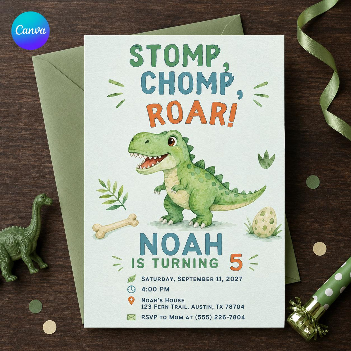 Dinosaur 5th Birthday Invitation, Stomp Chomp Roar T-Rex Party Invite, Five-A-Saurus Editable Canva Template