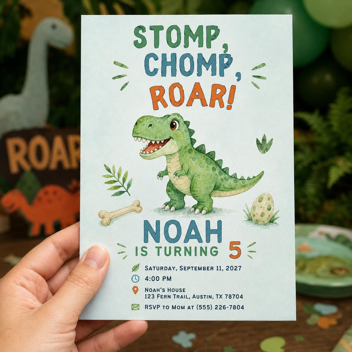 Dinosaur 5th Birthday Invitation, Stomp Chomp Roar T-Rex Party Invite, Five-A-Saurus Editable Canva Template