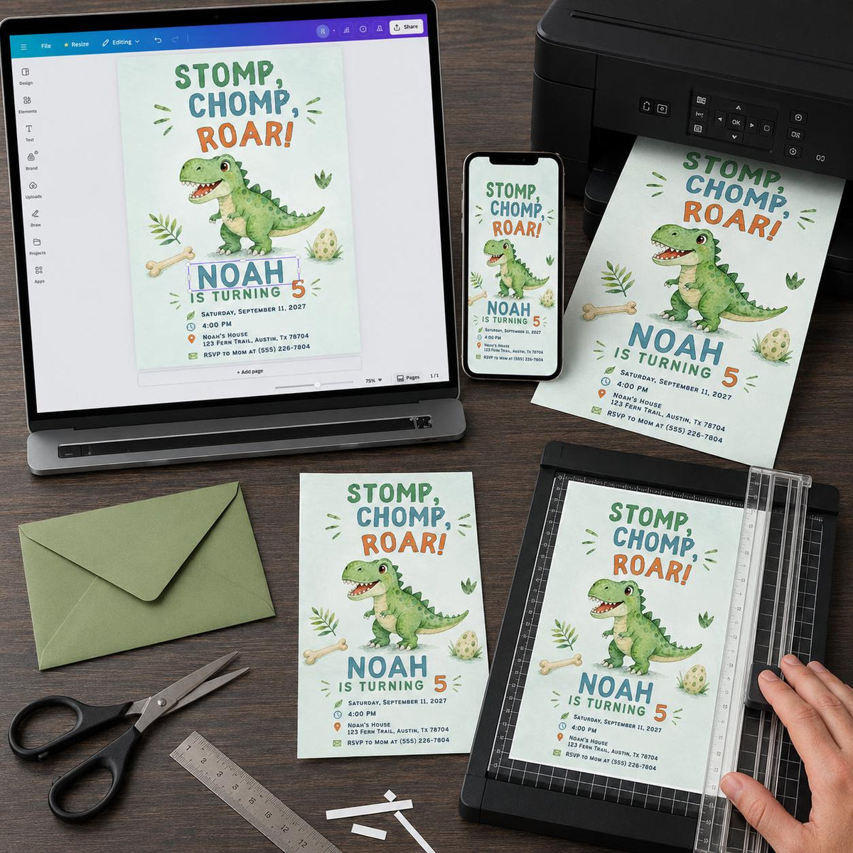 Dinosaur 5th Birthday Invitation, Stomp Chomp Roar T-Rex Party Invite, Five-A-Saurus Editable Canva Template