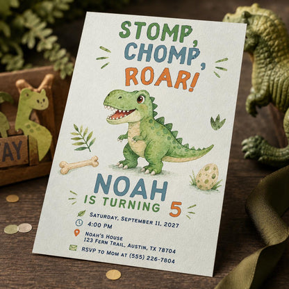 Dinosaur 5th Birthday Invitation, Stomp Chomp Roar T-Rex Party Invite, Five-A-Saurus Editable Canva Template