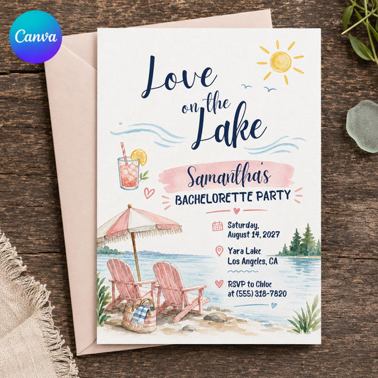 Lake Bachelorette Party Invitation, Love on the Lake Bridal Weekend Invite, Editable Summer Girls Trip, Canva Template