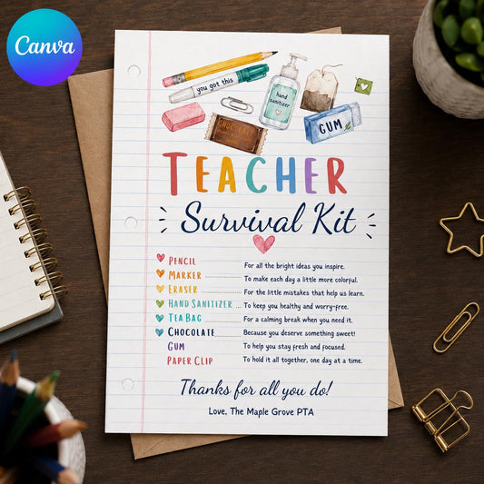 Notebook Teacher Survival Kit Gift Sign — editable Canva template