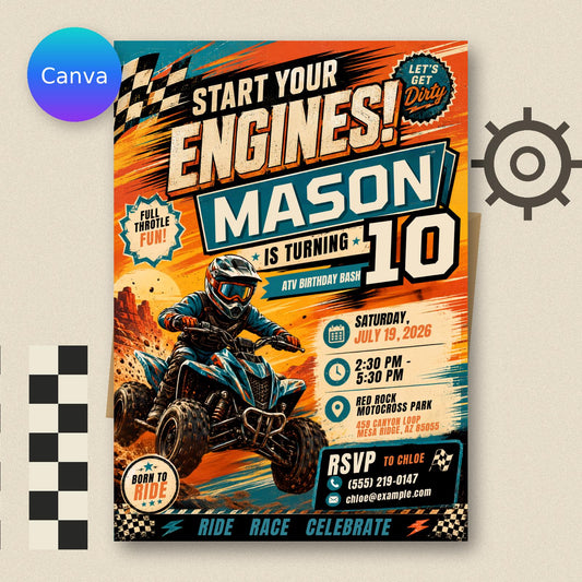 ATV Birthday Invitation, Motocross Party Invite for Boys 10th Birthday, Four Wheeler Off Road Editable Canva Template