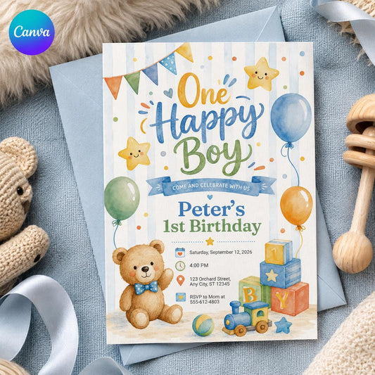 First Birthday Boy Invitation, One Happy Boy Watercolor Birthday Invite, Teddy Bear Party Editable Invite, Canva Template