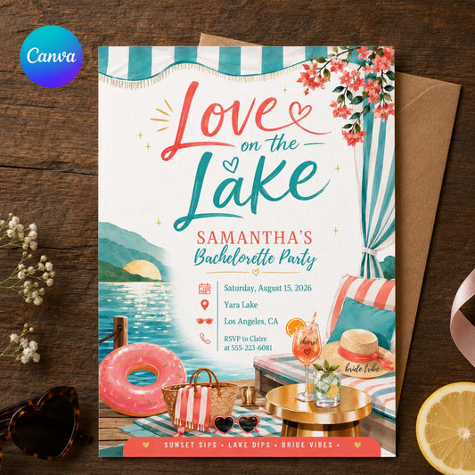 Lake Bachelorette Party Invitation, Love on the Lake Girls Weekend Invite, Summer Bridal Celebration Editable Canva Template