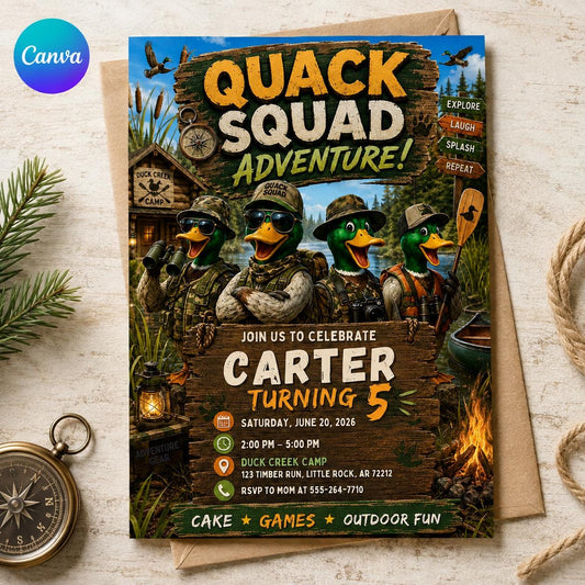 Duck Hunting Birthday Invitation, Quack Squad 5th Birthday Invite, Outdoor Camping Adventure Editable Canva Template