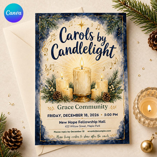 Carols by Candlelight Invitation, Christmas Church Event Invite, Community Caroling Party, Editable Holiday Canva Template