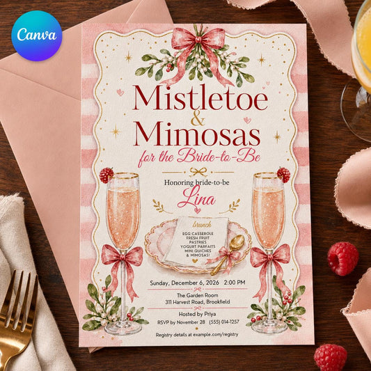 Pink Mistletoe and Mimosas Bridal Shower Invitation — editable Canva template