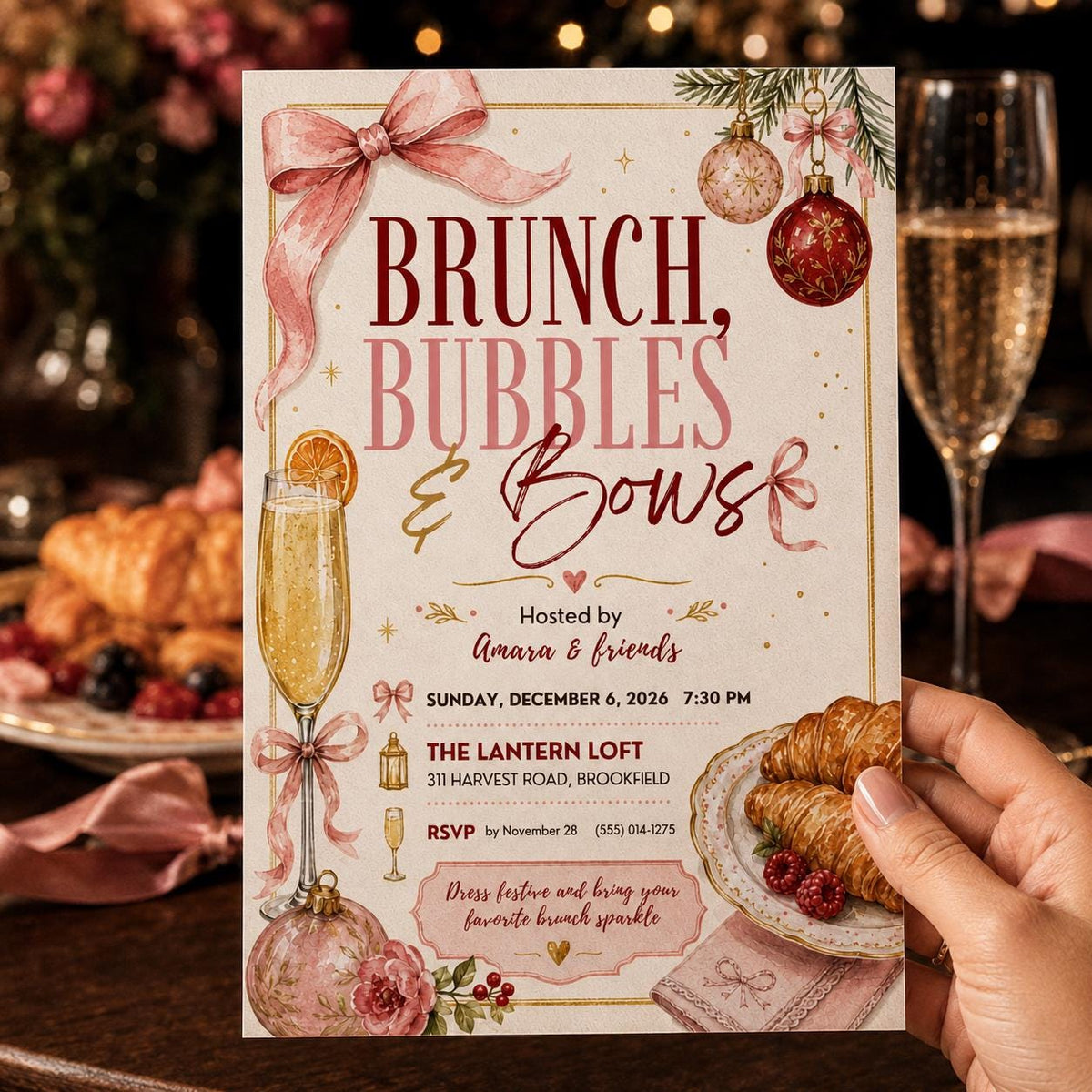 Brunch Bubbles & Bows Invitation, Christmas Brunch Invite, Holiday Party Editable Digital Invitation Canva Template