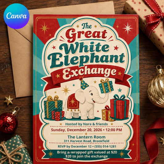 Retro White Elephant Exchange Invitation — editable Canva template