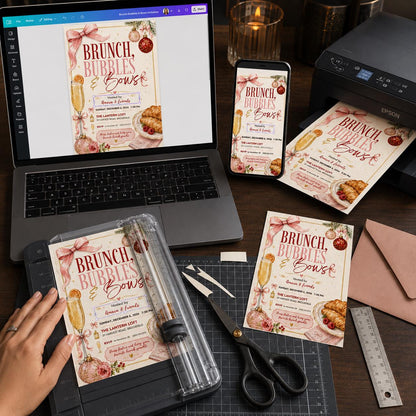Brunch Bubbles & Bows Invitation, Christmas Brunch Invite, Holiday Party Editable Digital Invitation Canva Template