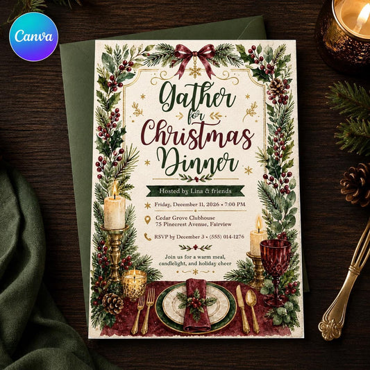 Christmas Dinner Invitation, Holiday Dinner Party Invite, Watercolor Greenery Family Gathering, Editable Canva Template