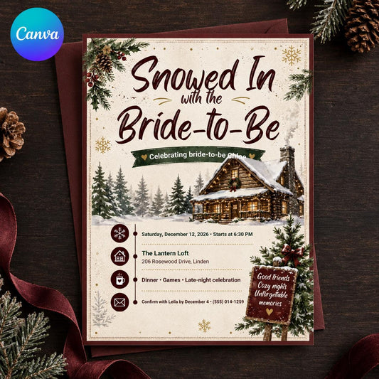 Winter Bridal Shower Invitation, Snowed In Bride to Be, Cozy Cabin Christmas Shower Invite, Editable Canva Template