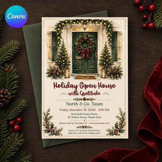 Christmas Open House Invitation, Holiday Party Invite for Business or Team, Watercolor Green Door Canva Template
