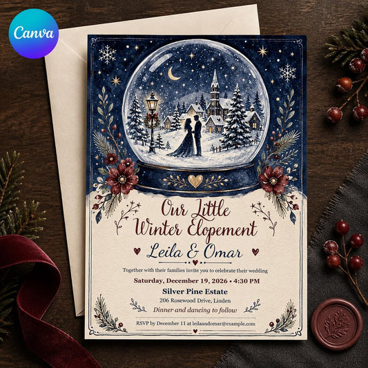 Winter Elopement Wedding Invitation, Snow Globe Christmas Wedding Invite, Editable Romantic Canva Template