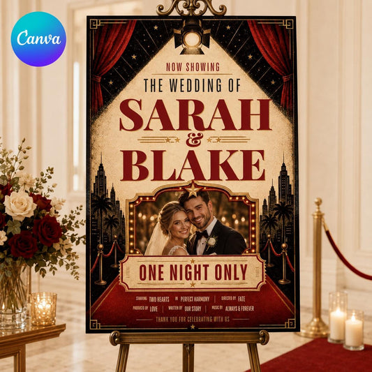 Movie Premiere Wedding Welcome Sign, Vintage Cinema Red Carpet Poster, Editable Hollywood Wedding Decor, Canva Template
