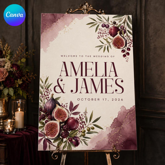 Fig Wedding Welcome Sign, Burgundy Botanical Wedding Sign, Autumn Reception Decor, Editable Canva Template