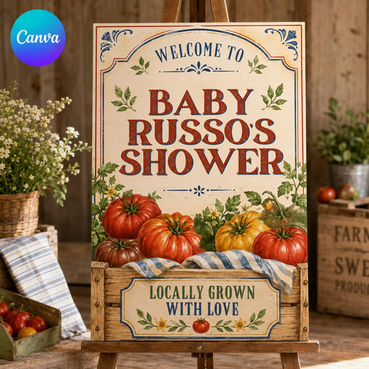 Baby Shower Welcome Sign, Locally Grown Farmers Market Tomato Theme, Editable Printable Canva Template