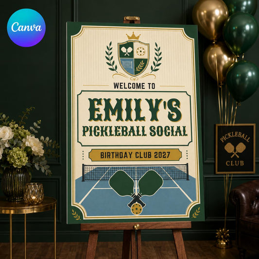 Pickleball Birthday Welcome Sign, Retro Sports Party Sign, Editable Printable Birthday Club Decor, Canva Template
