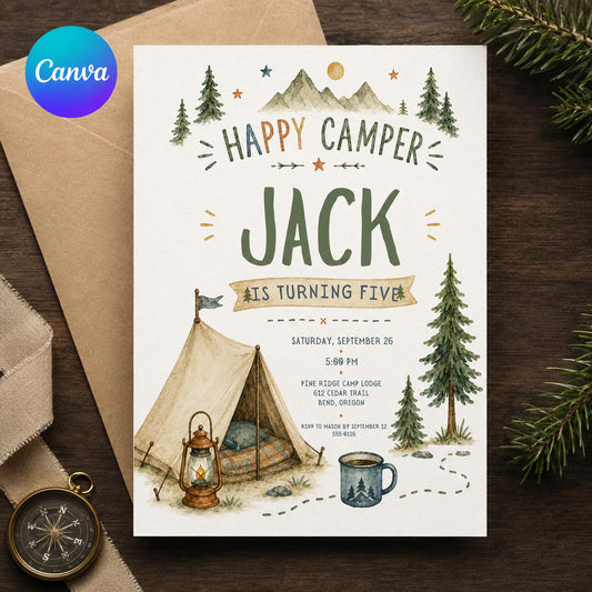 Happy Camper 5th Birthday Invitation, Camping Birthday Invite, Woodland Boy Party, Editable Invitation, Canva Template