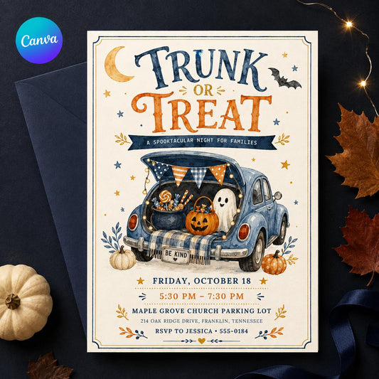 Trunk or Treat Invitation: Halloween Church Family Event — editable Canva template