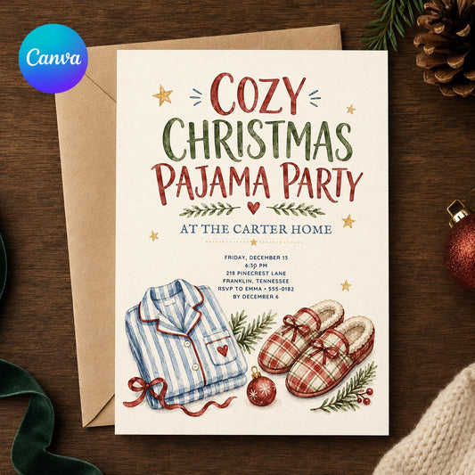 Christmas Pajama Party Invitation, Cozy Holiday Sleepover Invite, Editable Kids Christmas Party Canva Template