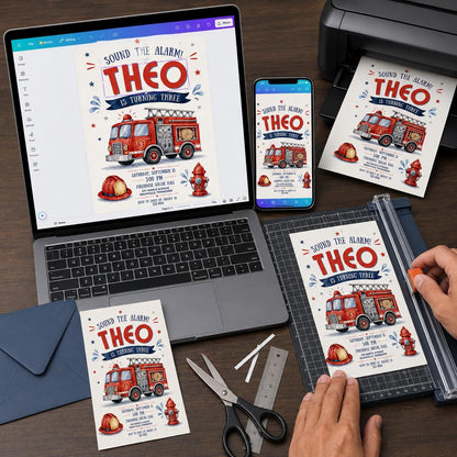 Blue and Red Firetruck 3rd Birthday Invitation for Boys — print-ready 3rd birthday party design from VoltBy