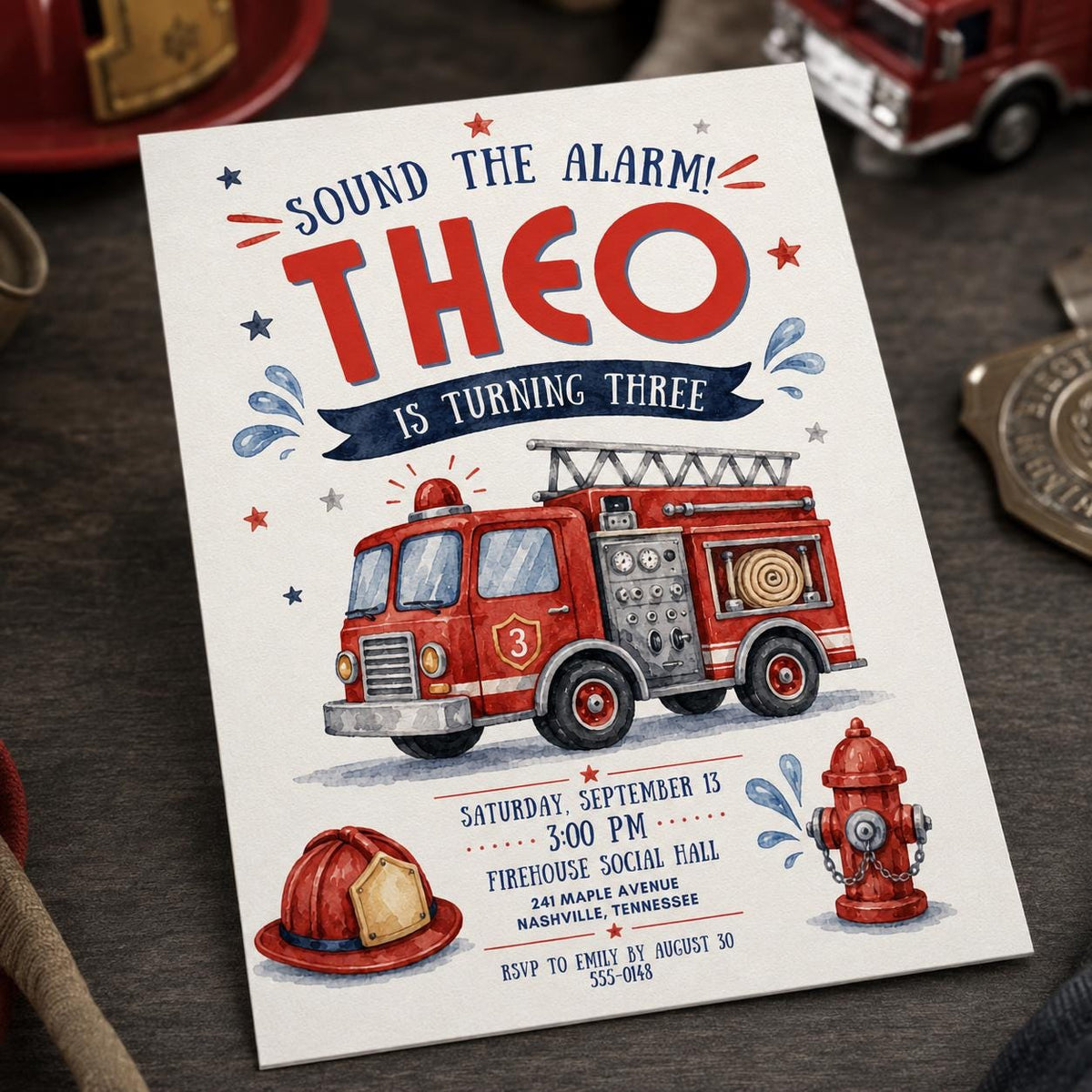 Blue and Red Firetruck 3rd Birthday Invitation for Boys — digital invitation, instant download