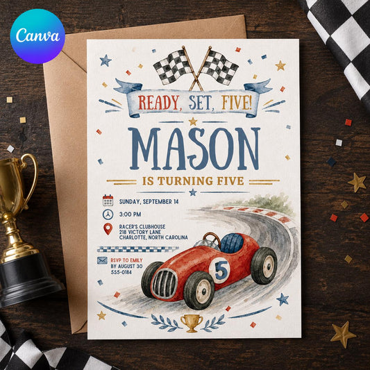 Race Car Birthday Invitation, Ready Set Five 5th Birthday Racing Party, Vintage Racer Editable Canva Template