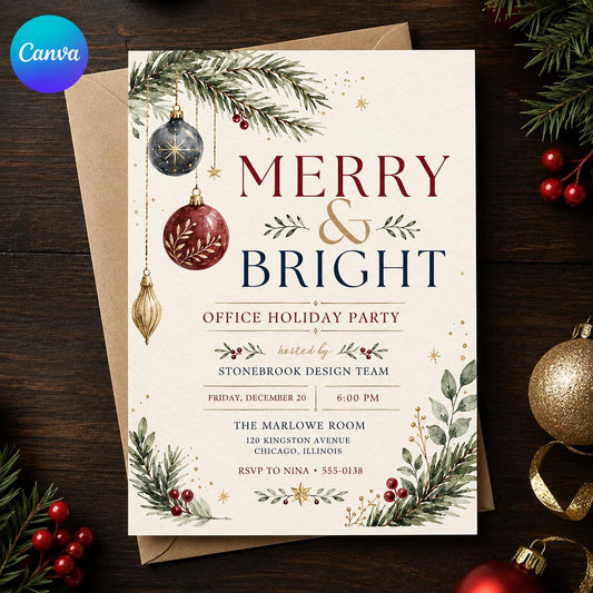 Blue and Red Office Holiday Party Invitation — editable Canva template