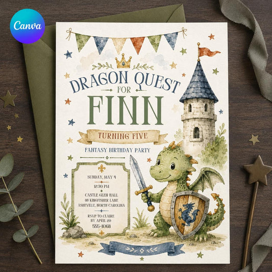 Dragon Birthday Invitation, Fantasy Castle Party Invite, Boy 5th Birthday Editable Invitation Canva Template