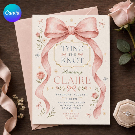 Bridal Shower Invitation, Tying the Knot Pink Bow Watercolor Wedding Shower, Editable Canva Template