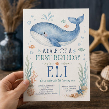 Whale First Birthday Invitation, Whale of a First Birthday Invite, Ocean Party Editable Canva Template
