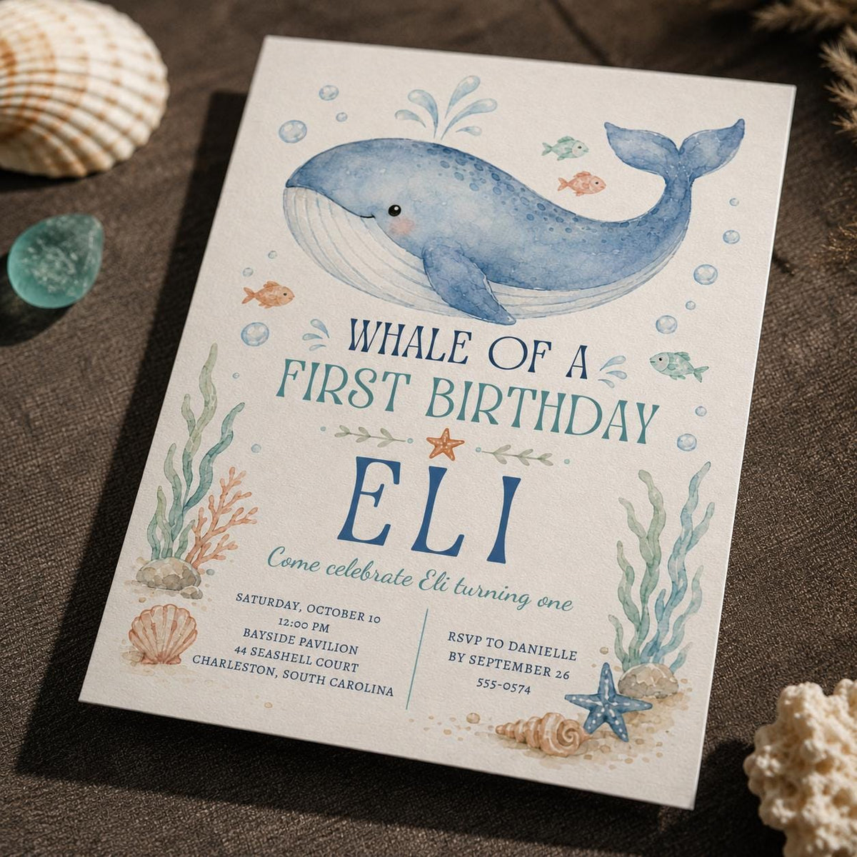 Whale First Birthday Invitation, Whale of a First Birthday Invite, Ocean Party Editable Canva Template