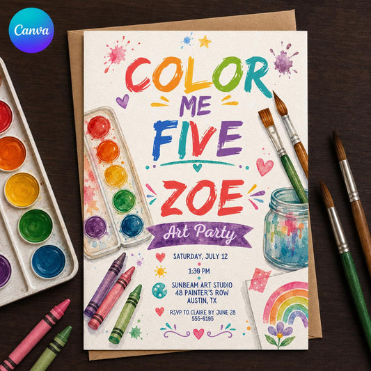 5th Birthday Art Party Invitation, Color Me Five Painting Party Invite, Editable Birthday Invitation Canva Template