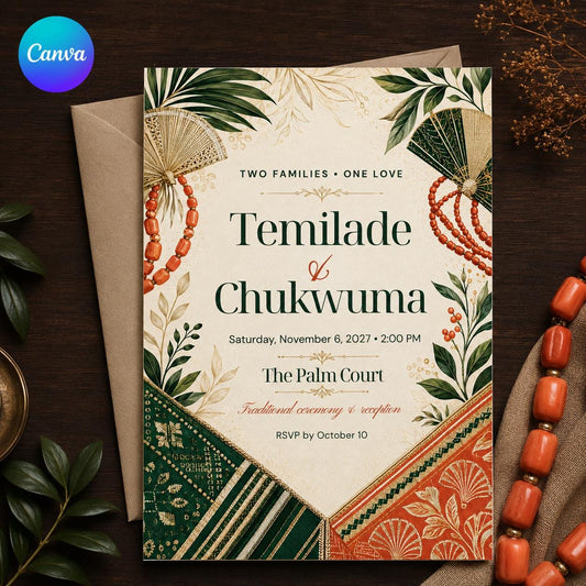 Nigerian Traditional Wedding Invitation, African Cultural Wedding Invite, Editable Ceremony Canva Template