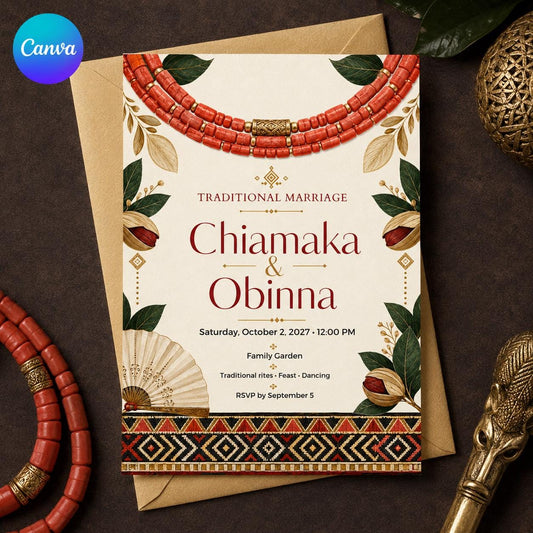 Coral Nigerian Traditional Wedding Invitation — editable Canva template