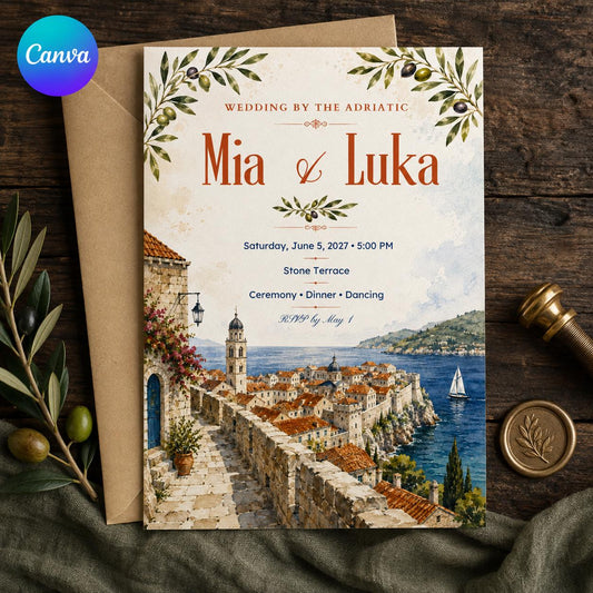 Mediterranean Wedding Invitation, Adriatic Coast Olive Branch Invite, Editable Destination Wedding, Canva Template
