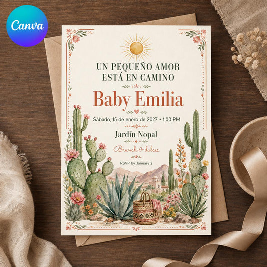 Boho Watercolor Spanish Baby Shower Invitation — editable Canva template