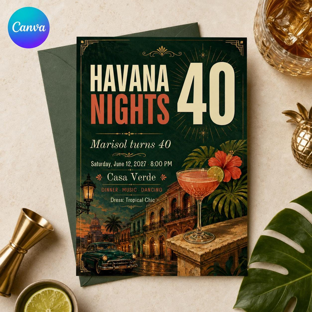 Havana Nights 40th Birthday Invitation, Tropical Cuban Party Invite, Adult Cocktail Birthday, Editable Canva Template